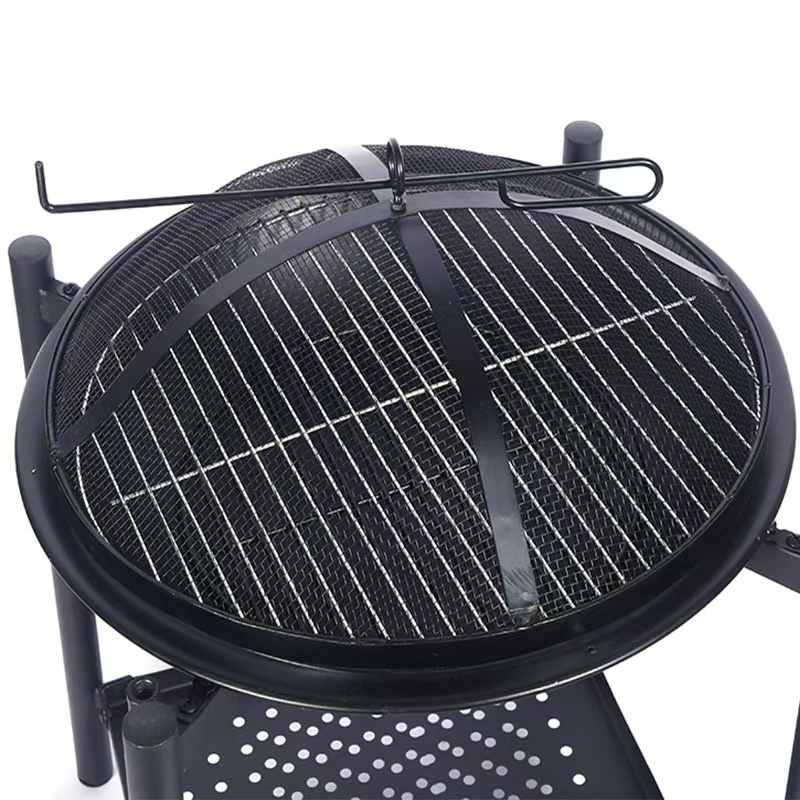 Fire Pit, Outdoor Fire Pit with Iron Art, Storage Shelf and Multi-Fuel