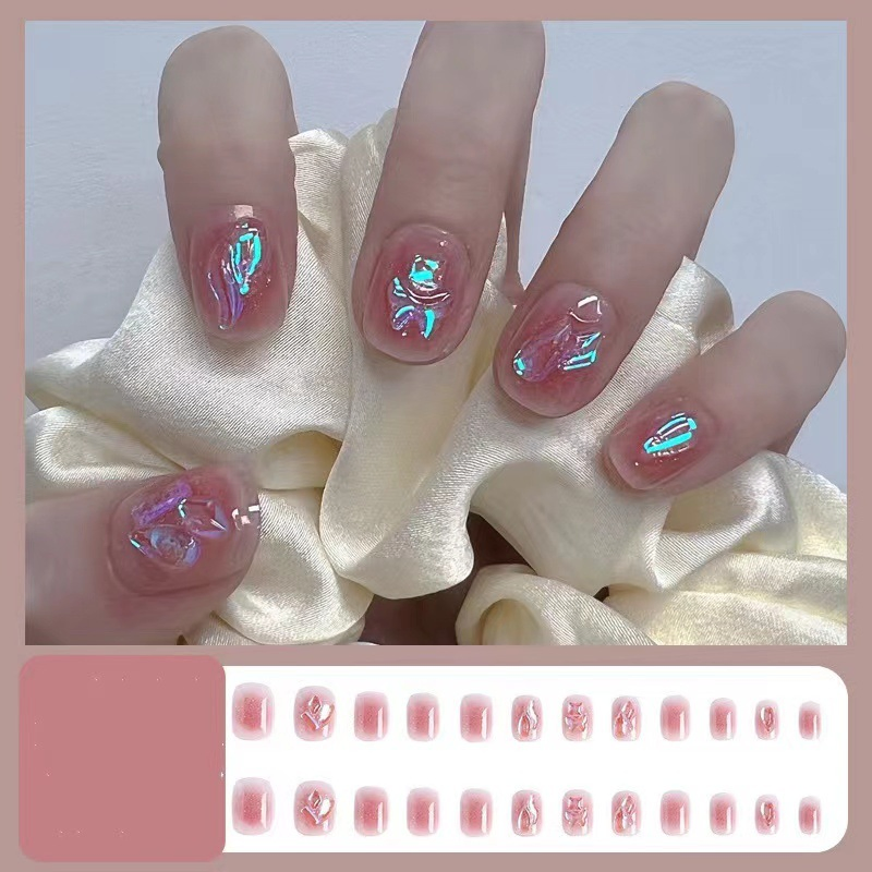 Aurora Drill Blush Glitter Powder Nail White Fake Nails Short Detachable Wearable Manicure