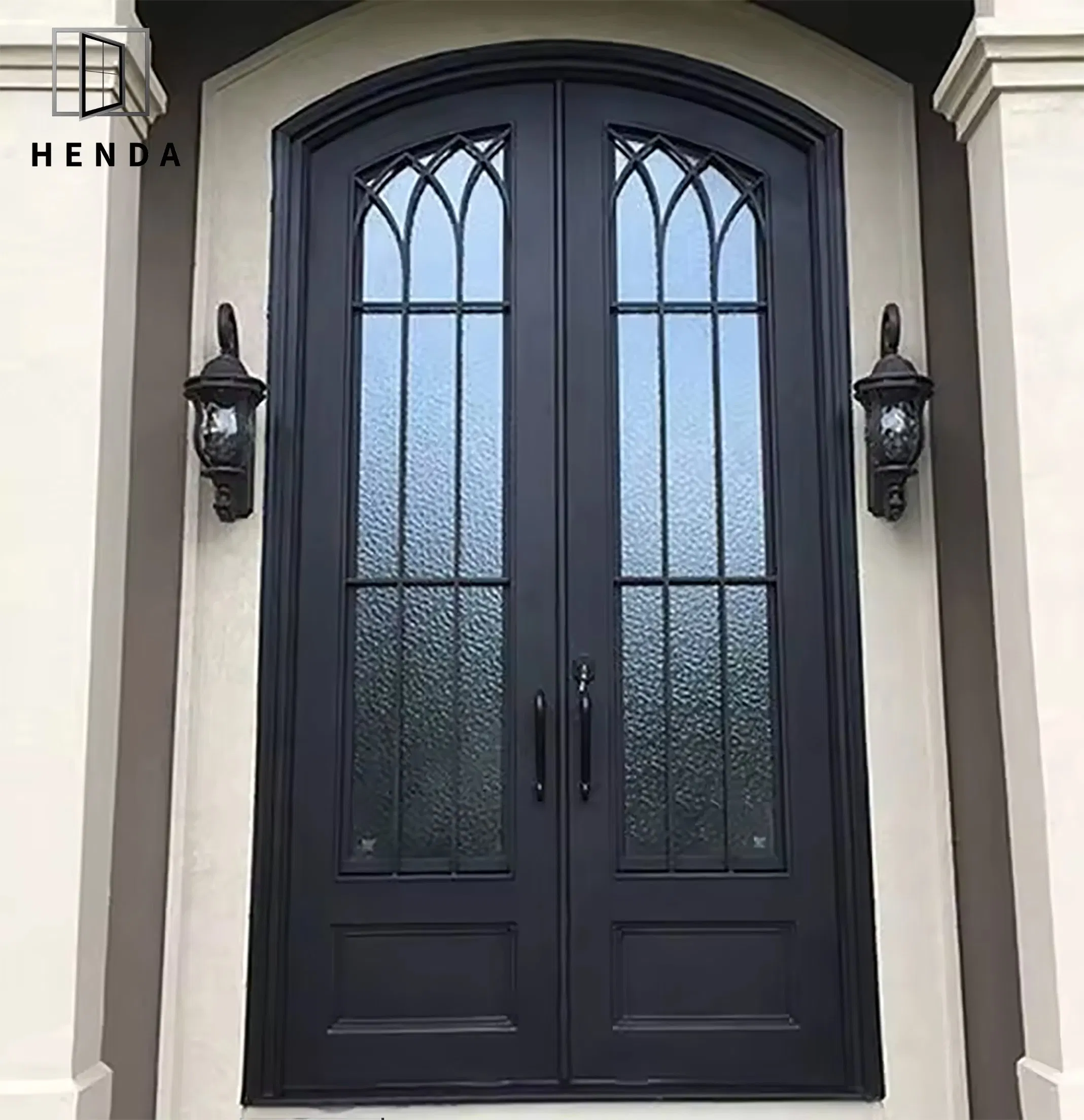 2025 New Design Modern Entry Wrought Double Swing Clear/Tinted Tempered Low E Glass New Steel Iron Entrance Exterior Door