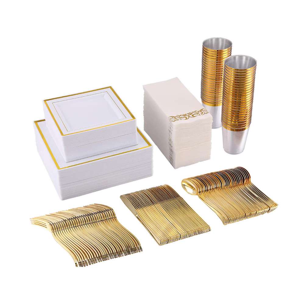 Rose Gold Rim Square Dinnerware Set Dinner Plastic Plates Dessert Plates Plastic Cups Linen Like Paper Napkins
