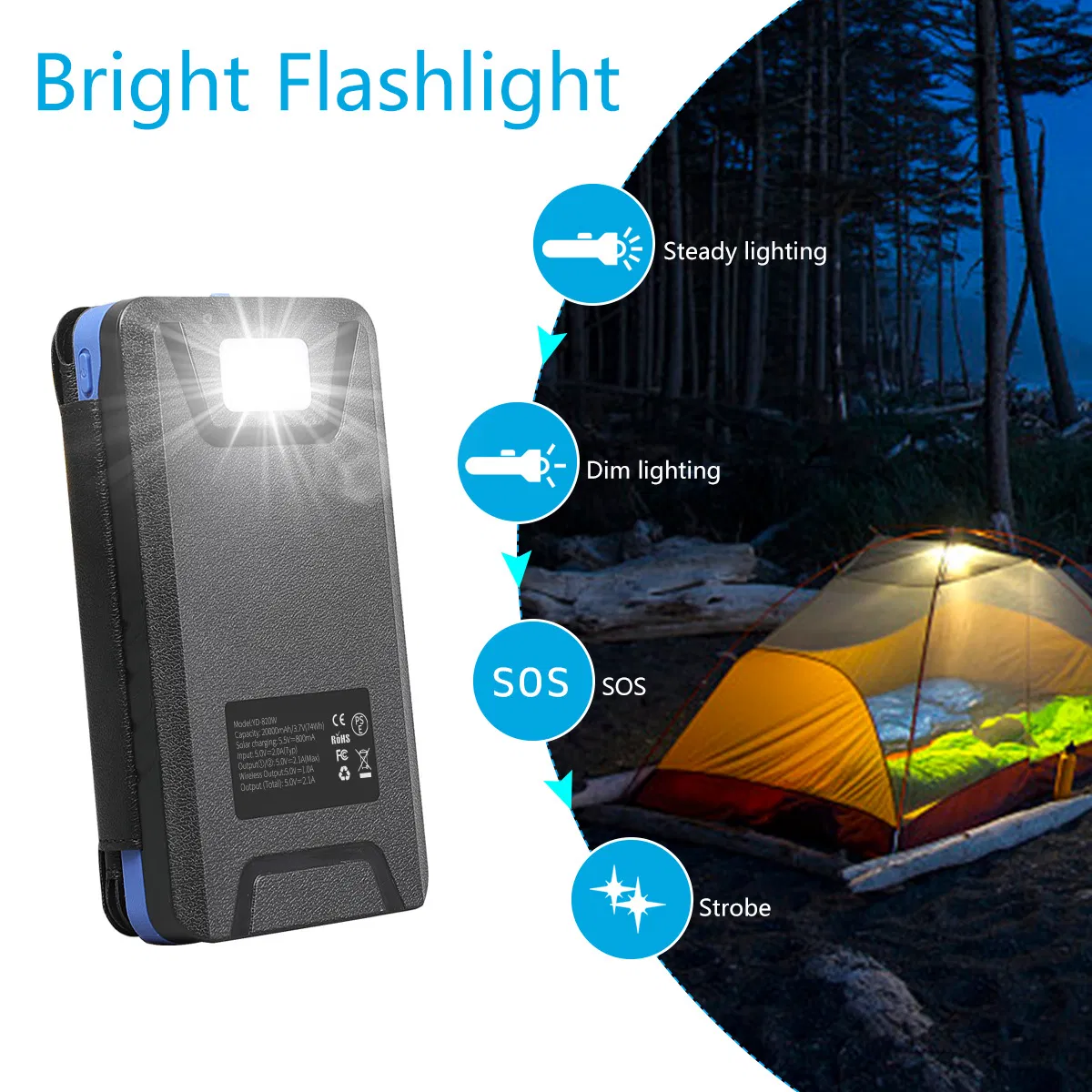 Outdoor Camping Travel Waterproof Shockproof Flashlight Foldable High Capacity Wireless Charger Solar Panel Powerbank 20000mAh