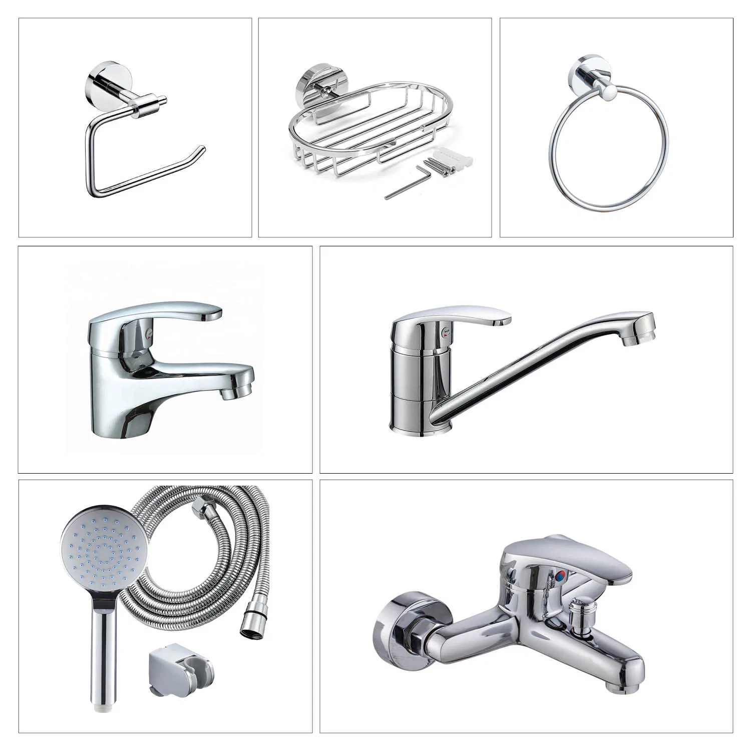 Apartment Bathroom Full Hardware Set Chrome Plated Brass & Zinc Faucet Kitchen Sink Tap Shower Mixer Washbasin Tap Sanitary Ware for Projects & Hote