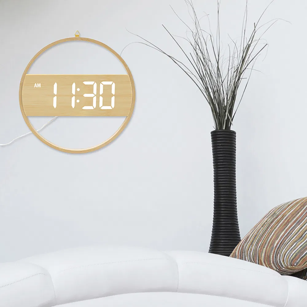 Bamboo Meet Wood Wall Clock Large LED Display House Decorative Modern Style
