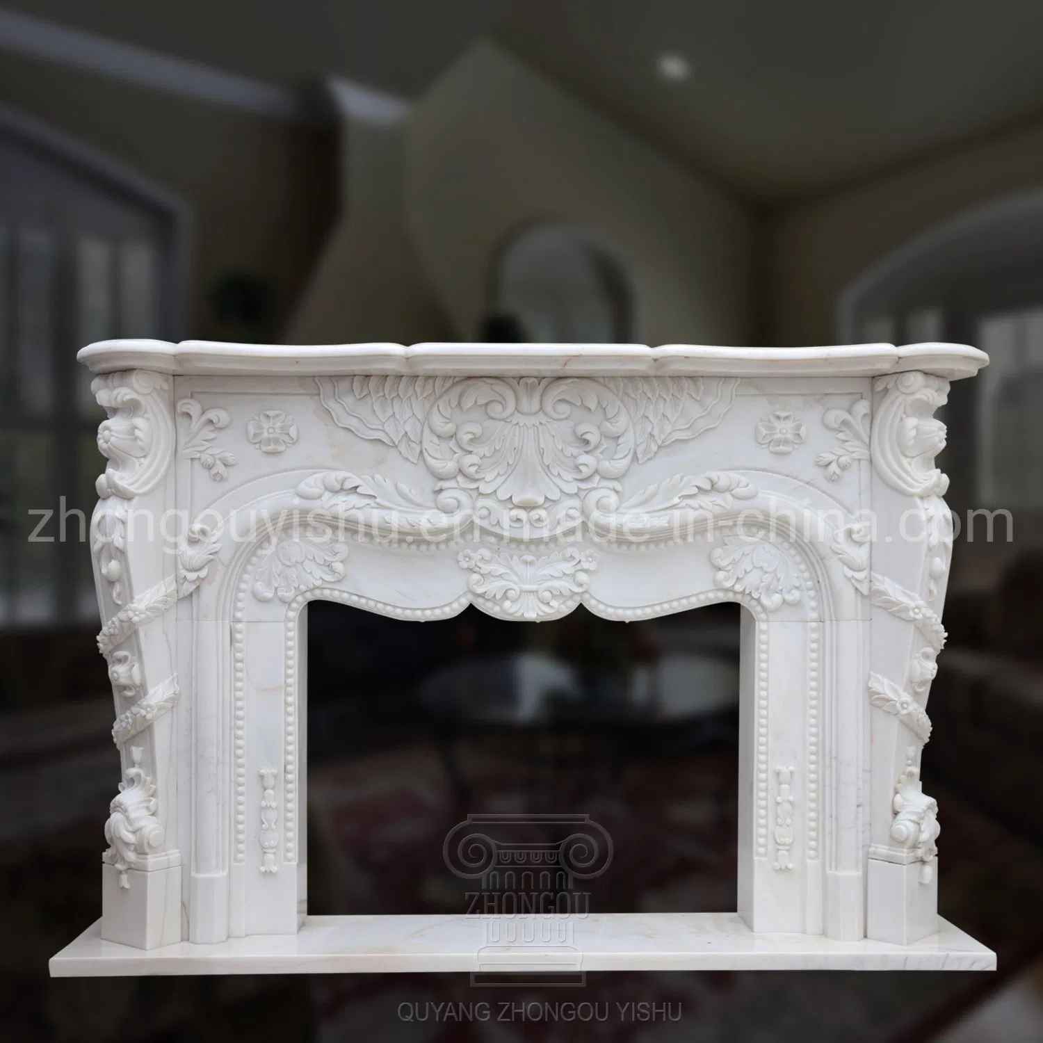 Basic Customization Home Decoration White Marble Fireplace Mantel French Style Hand Carved Marble Interior Design Fireplace