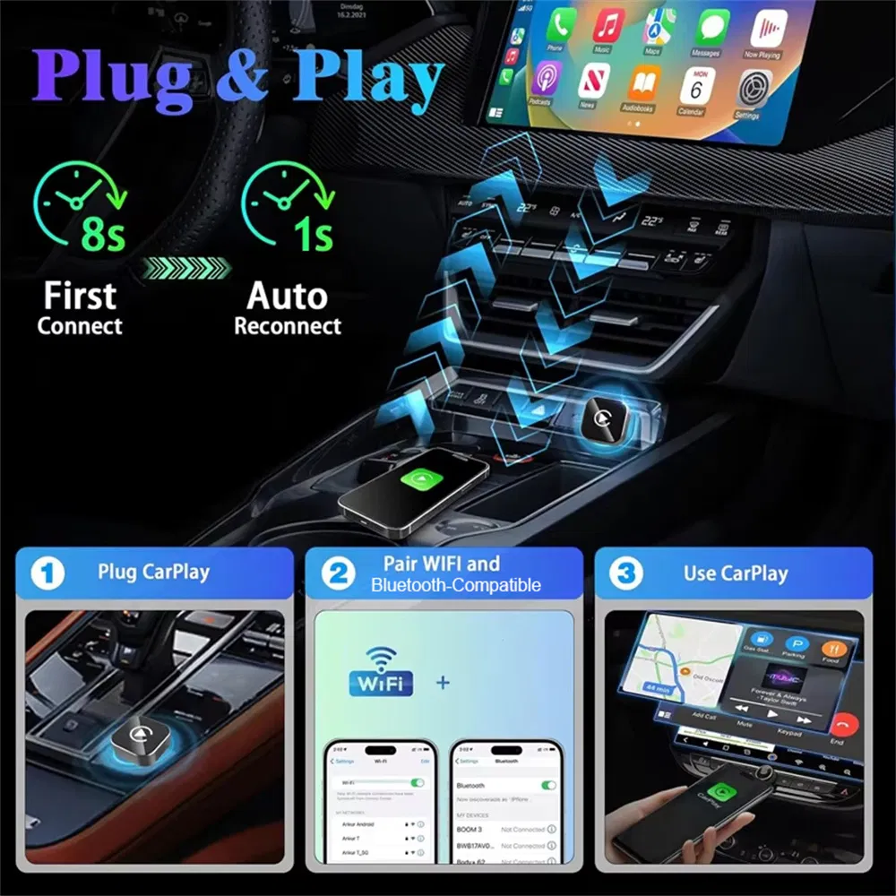 Q1a Wired to Wireless Carplay & Android Auto Adapter -2-in-1 Auto Connect Mini Dongle (Black + Colorful Symbol)
