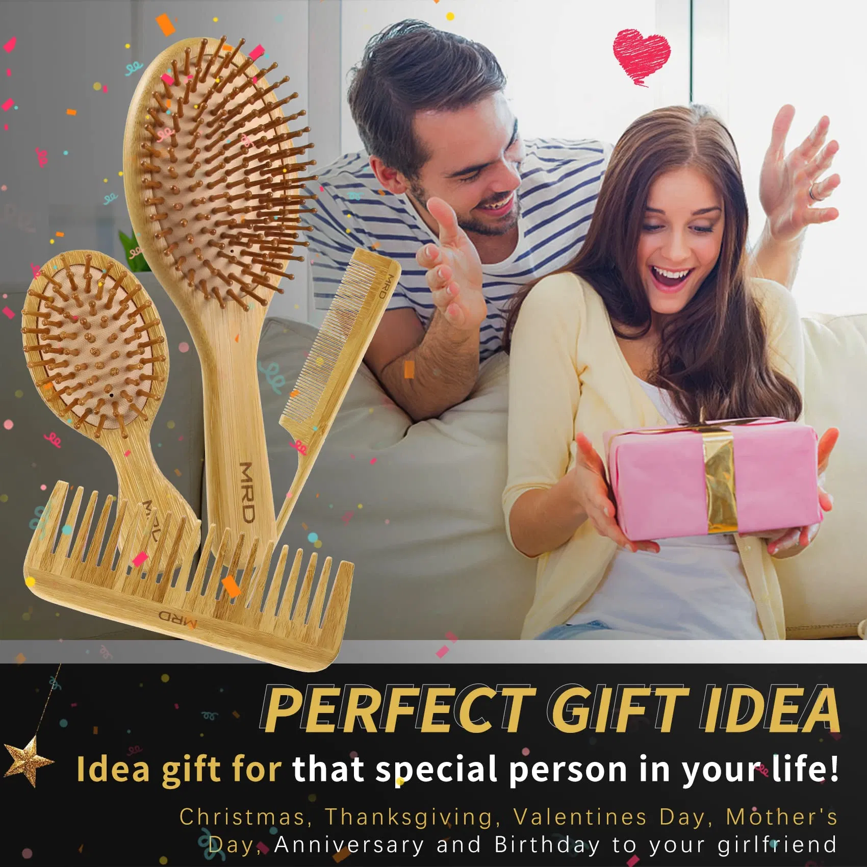 New Mold Paddle Shape Air Cushion Massage Hair Brush with Soft Touch Paint and with Bow Decoration Natural Bamboo Comb Paddle