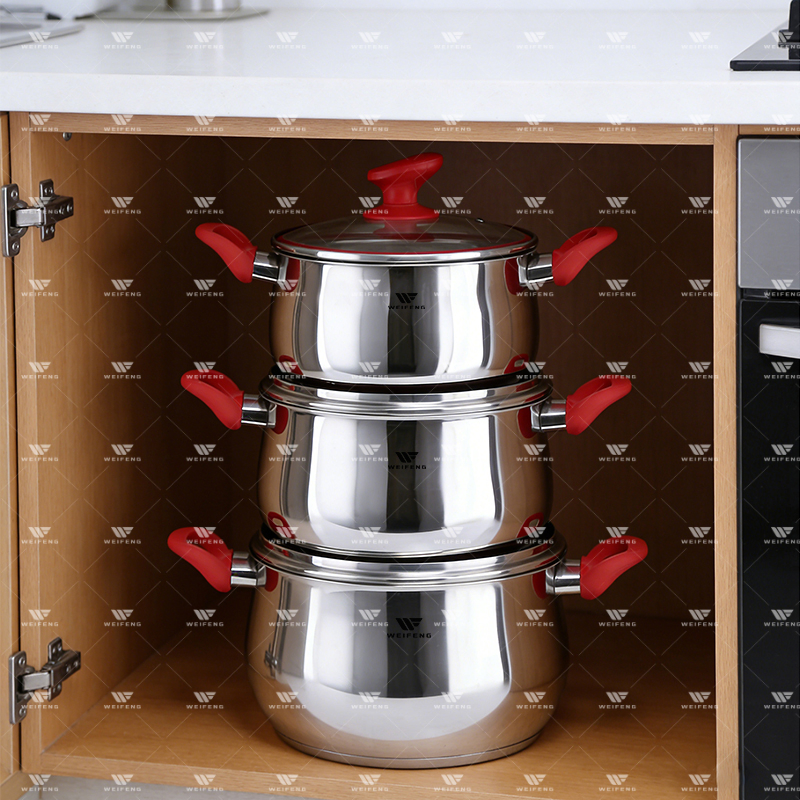 10PCS Kitchen Appliance Stainless Steel Cookware Set with Red Soft Touch Handle