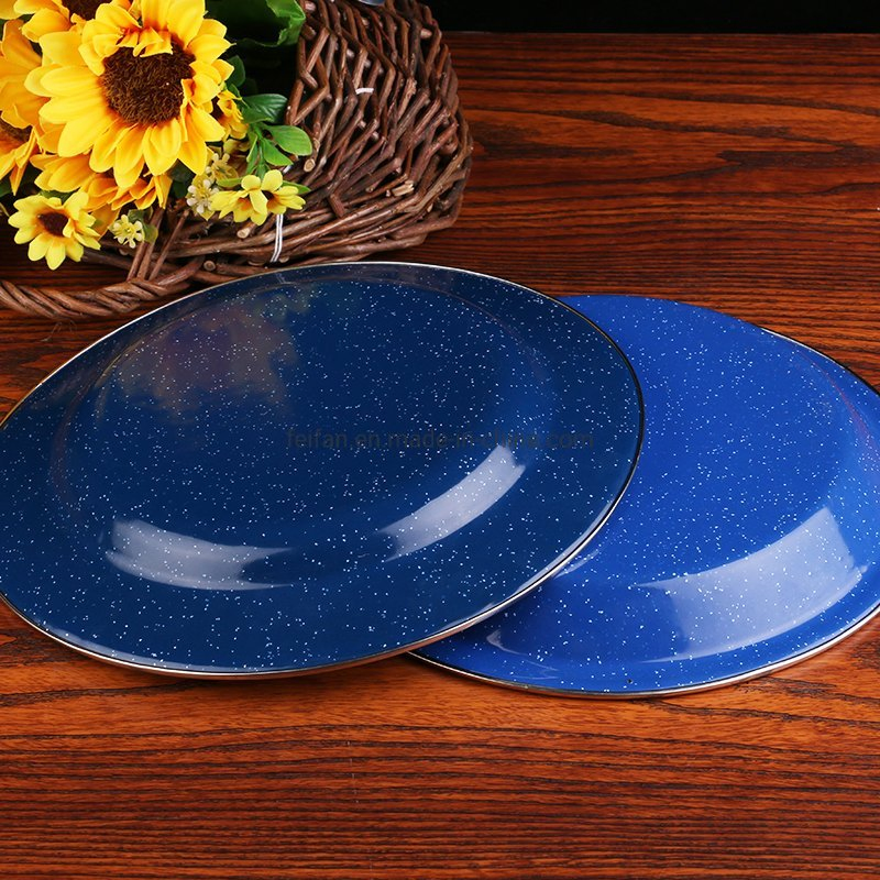 Round Enamel Dinner Plate Tableware with Stainless Rim