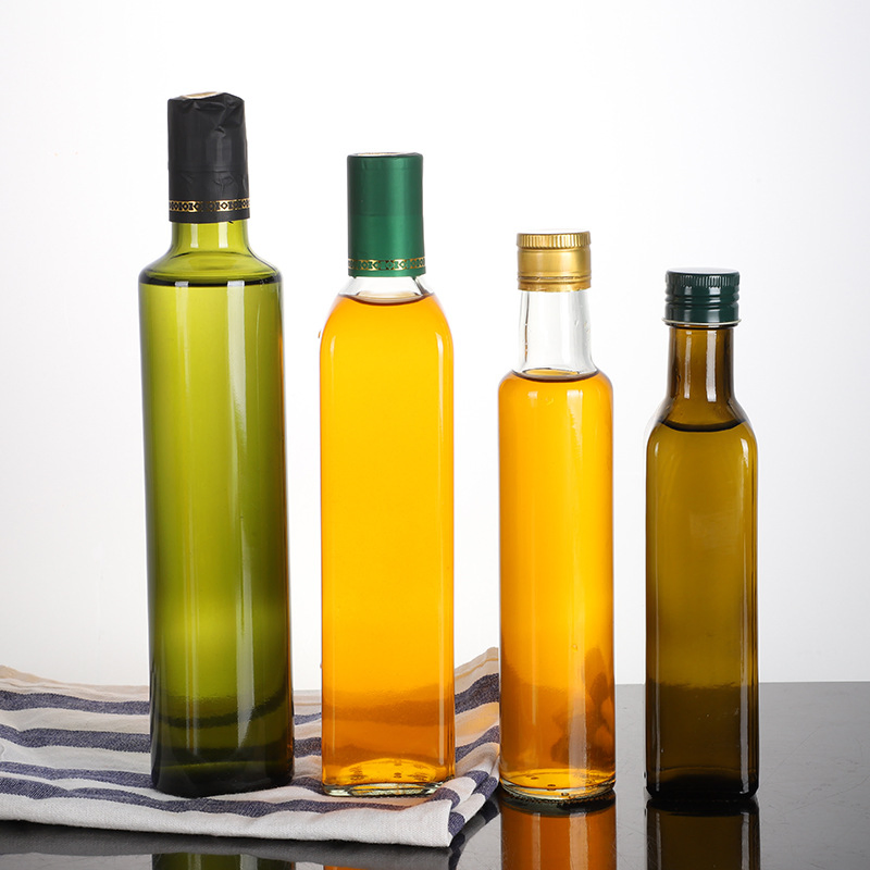 Glass Olive Oil Dispenser Empty Round Clear Oil and Vinegar Cruet Bottle with Pourers Seal Caps for Kitchen