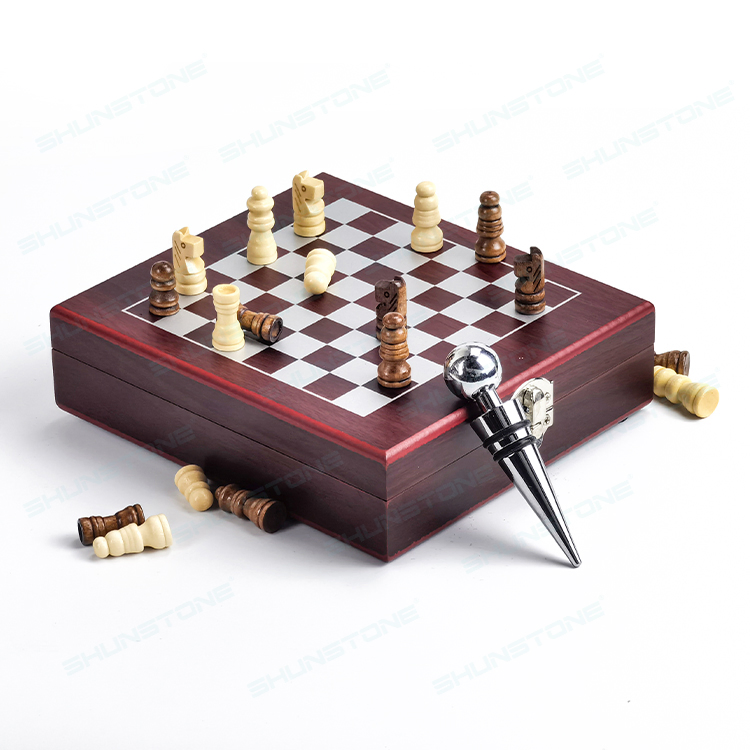 Stainless Steel Wine Corkscrew Opener Gift Set with Chess Wine Accessories Bar Tools Wooden Box