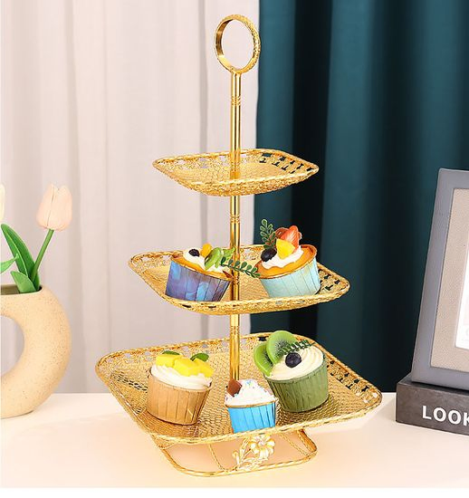 Gold Plated Iron Cake Rack Dim Sum Fruit Display Tray Household Living Room \for Weddding Candy Stand