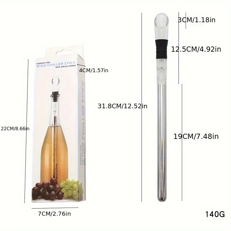 3-in-1 Stainless Steel Metal Wine Bottle Cooler Stick Chiller Pourer Stopper Bar Accessory for Aeration Drinking Packed in a Box
