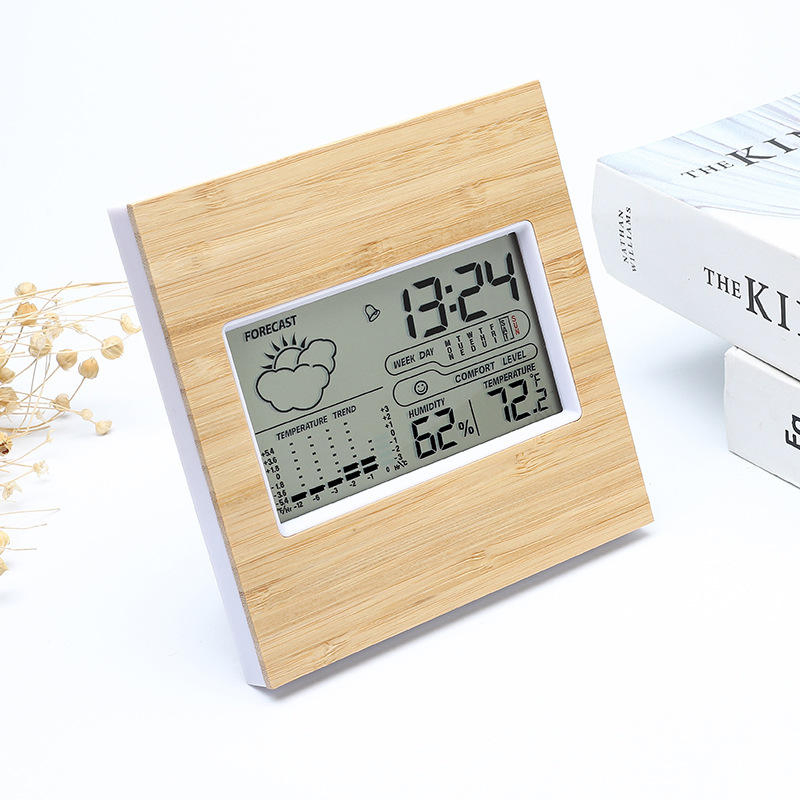 Digital Big LCD Thermometer Hygrometer Clock with Weather Station in Bamboo