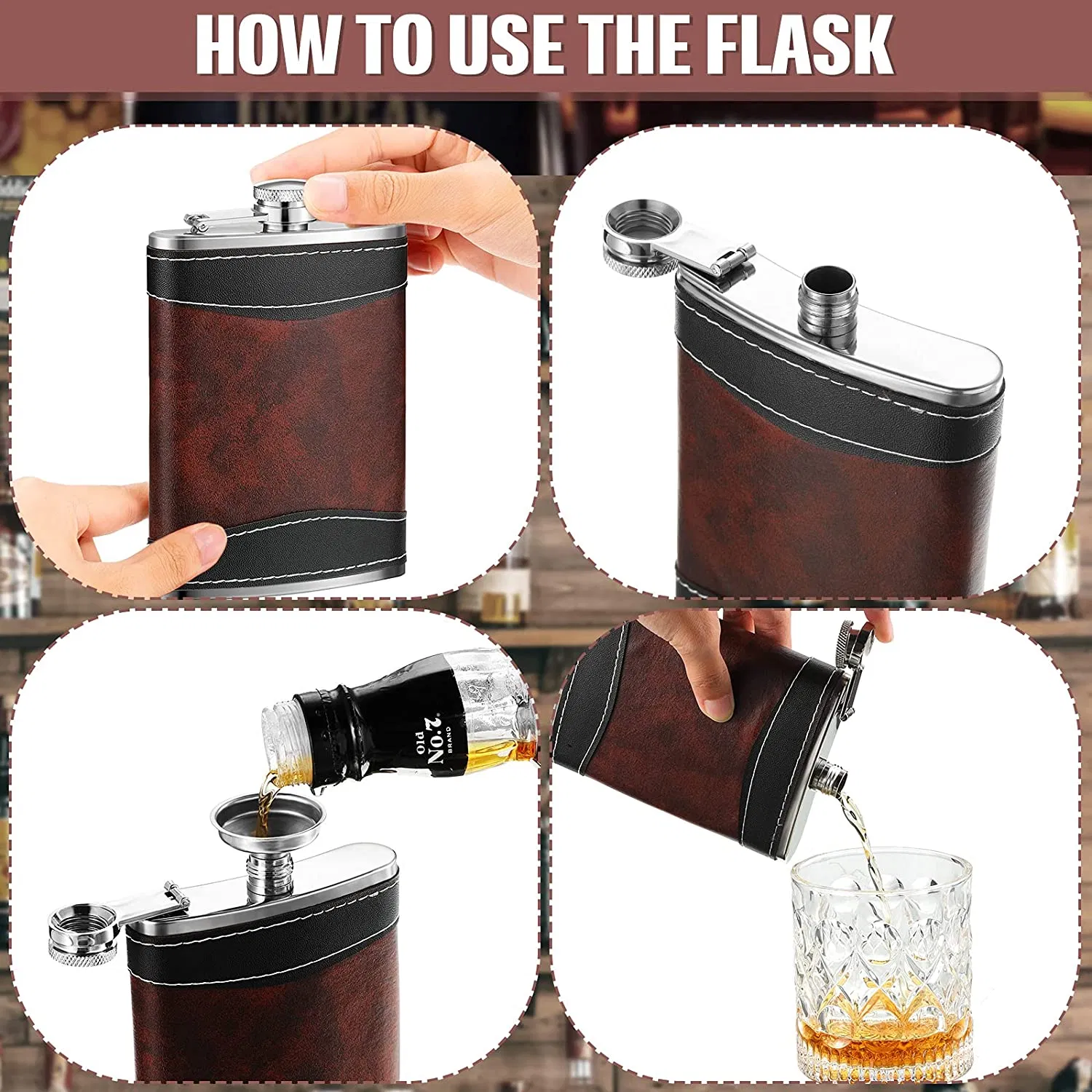 8 Oz Stainless Steel Pocket Whiskey Alcohol Hip Flask with Leather Cover for Bootlegger Glen Keith