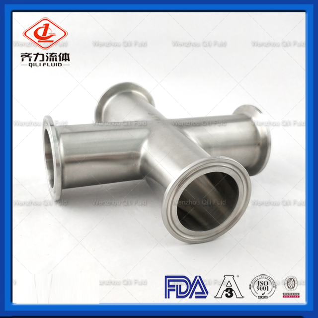 Sanitary SS304 3A, DIN, SMS Cross with Tri Clamp Ends Four Way Equal Cross