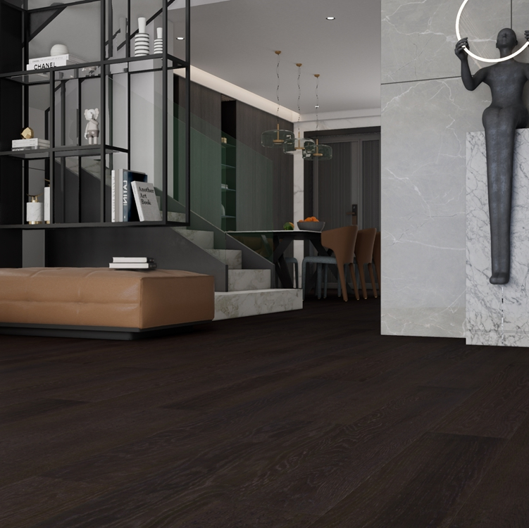 Sleek Dark Black Long Wide Plank Oak Engineered Flooring – Engineered Wood for Modern Apartments