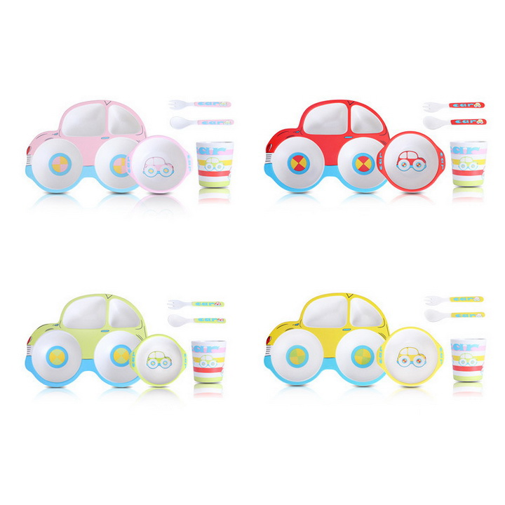 Car Shaped Bamboo Fiber Children 5 Pieces of Bowl Plate Tableware Set