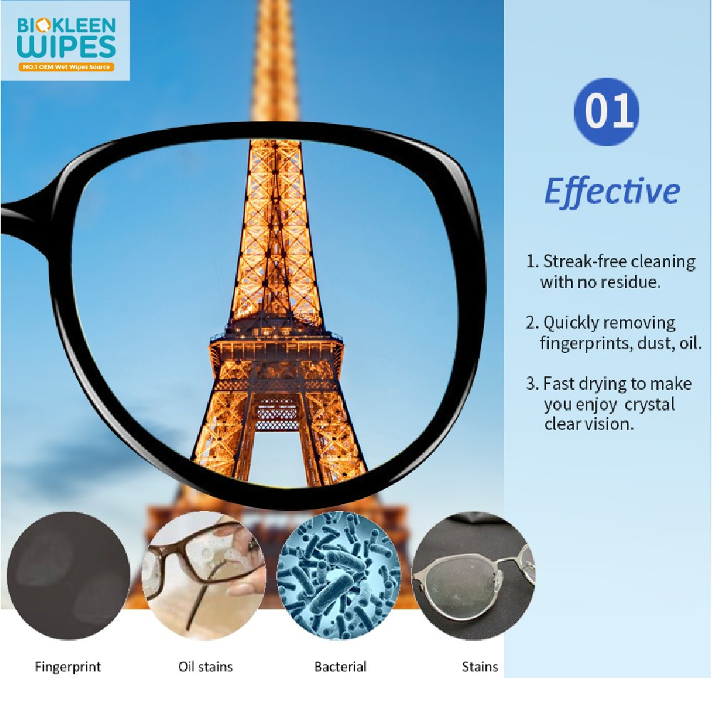 Biokleen OEM Individual Wrapped Wipes Perfect Solution Lens Cleaning Wipes for Glass