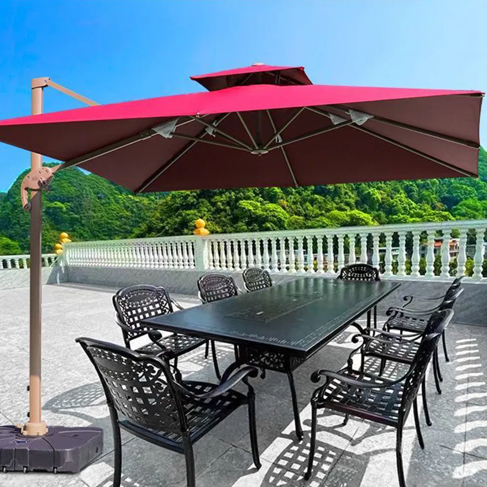 Courtyard Outdoor Floor Standing Double Layer Aluminum Frame Hand Crank Base Water/Sand Fillable Family Sunshade Umbrella