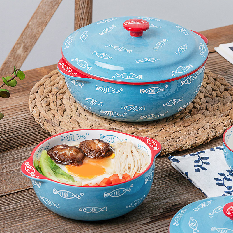 Ceramic Tableware Japanese Style with Double Ears Soup Noodle Bowl