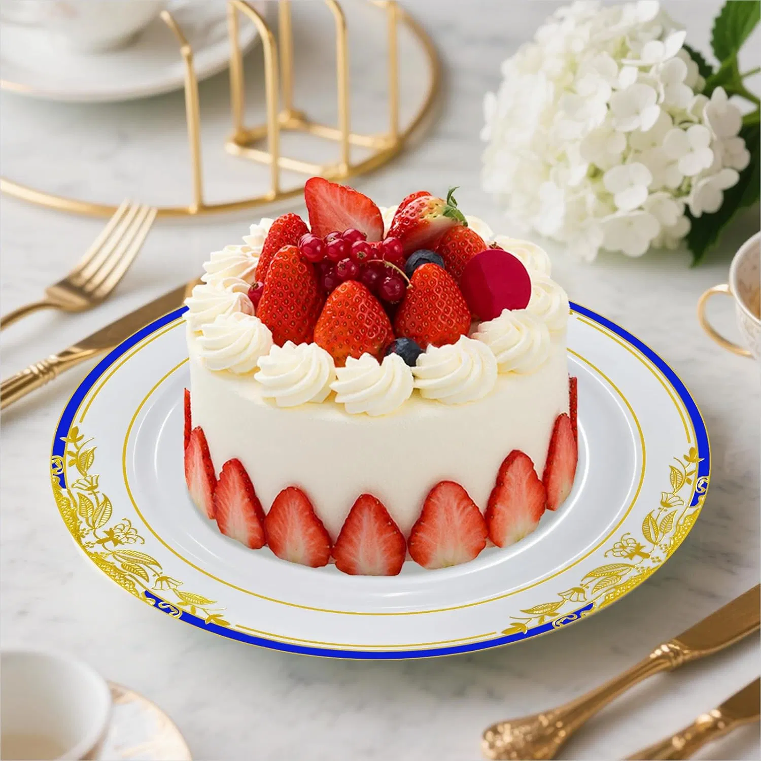 Disposable Plastic Plates 9inch Elegant Fancy Plastic Wedding Plates with Blue & Gold Rimmed Heavy Duty Party Dinner Plates