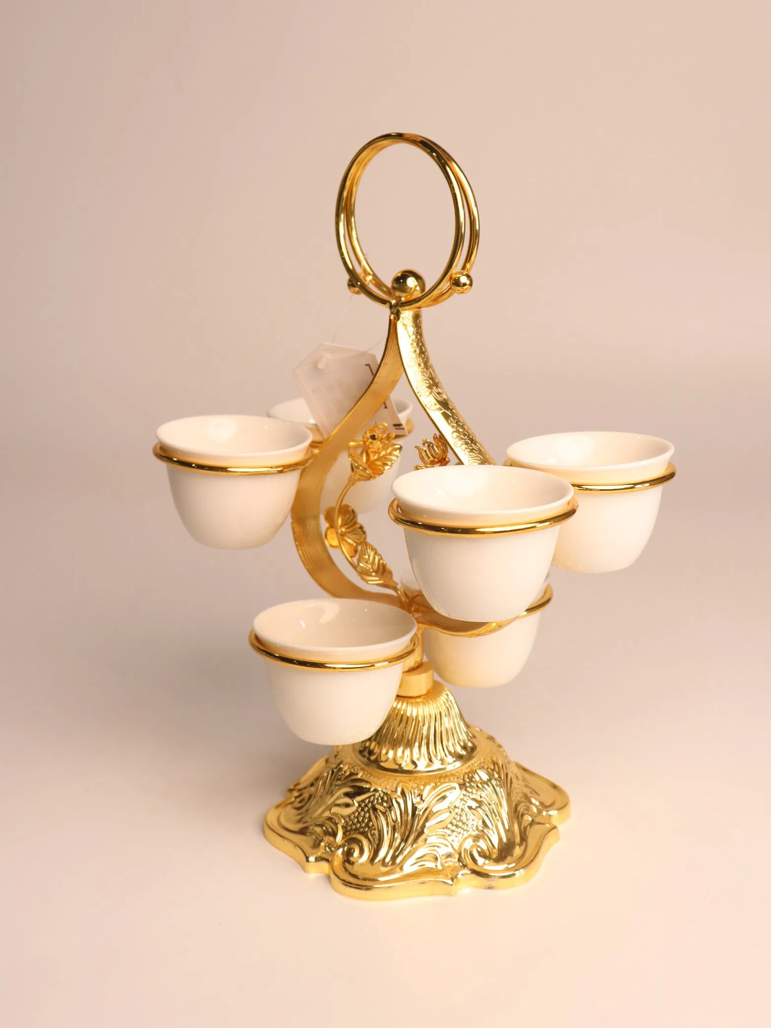 Decorative Gold-Plated Iron Frame with 6 Ceramic Tea Cup Ornaments Set