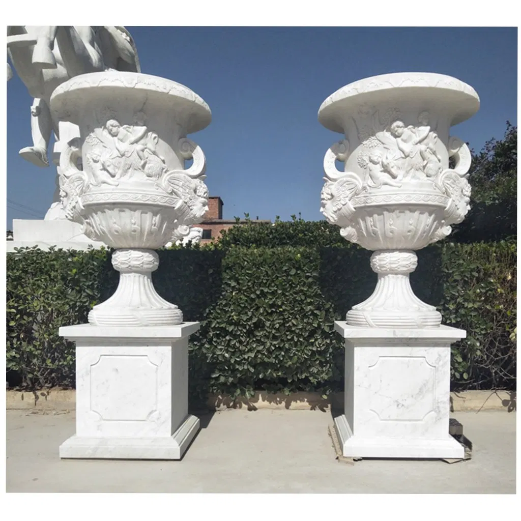 Large Tall White Flower Pot Natural Marble Planter with Baby Relief