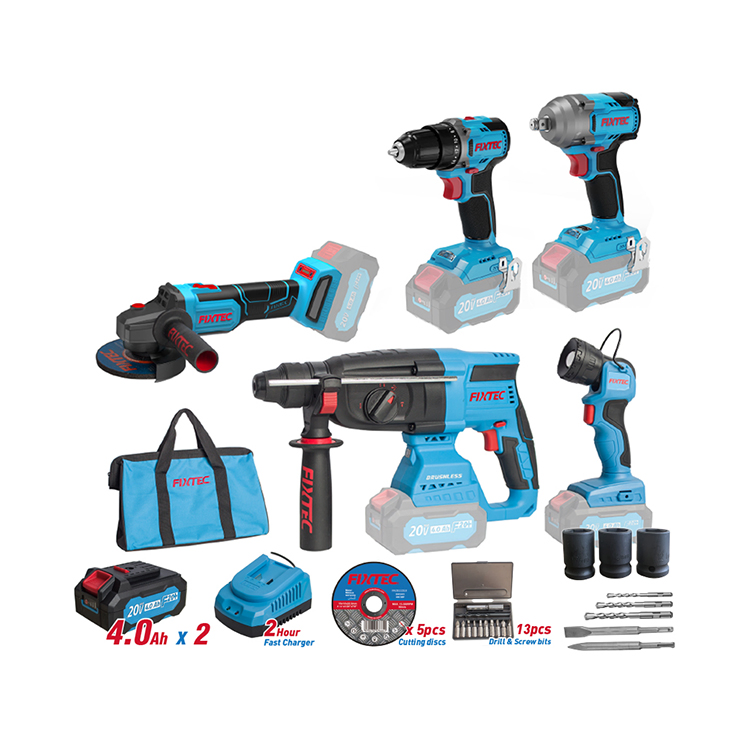 Fixtec Hardware Electric Cordless 20V Tool Set with Power Drills Impact Wrench 5 in 1 Combo Kit