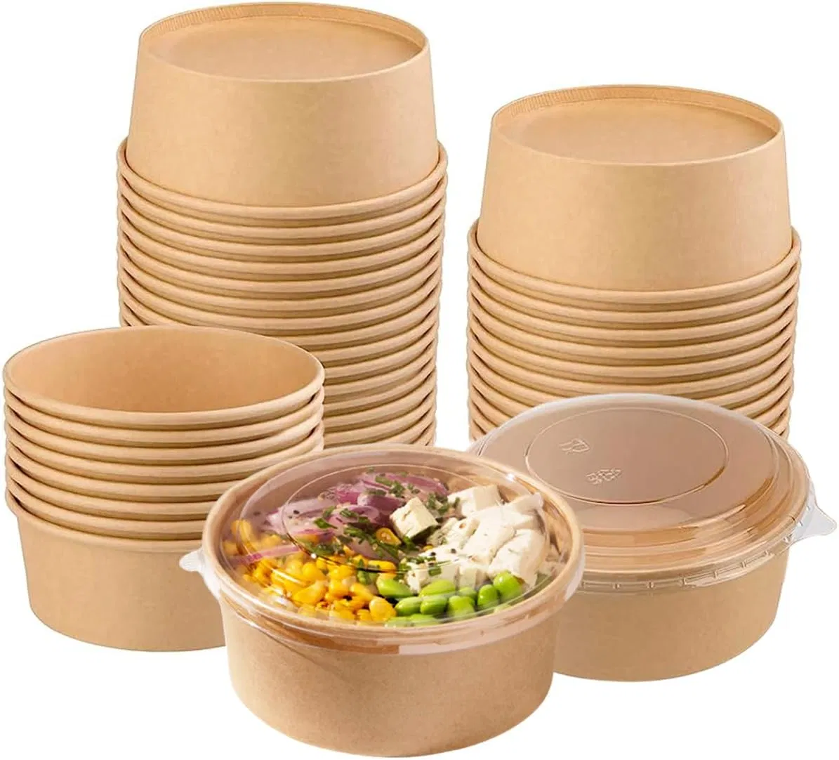 Disposable 1000ml Brown Kraft Paper Salad Food Bowl with Lid