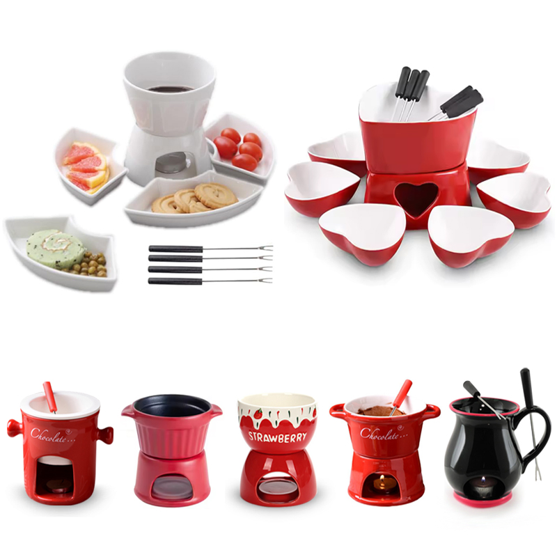Wholesale Mug Shape Chocolate Fondue Set with Skewers Hot Sale Ceramic Cheese Melting Pot Stoneware Butter Warmer Cup Fondue Set