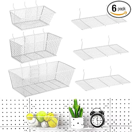 White Mesh Baskets and Mesh Racks for Pegboard 6 PCS Per Pack