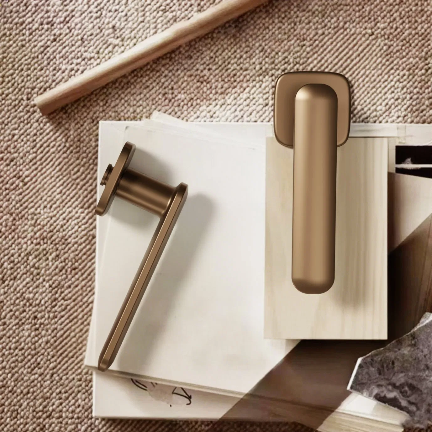 Chinese Factory Luxury Satin Flat Design Tea-Gold Brushed Zinc Alloy Lever Door Handle on Square Rosette for Interior Wooden Door Handle OEM/ODM