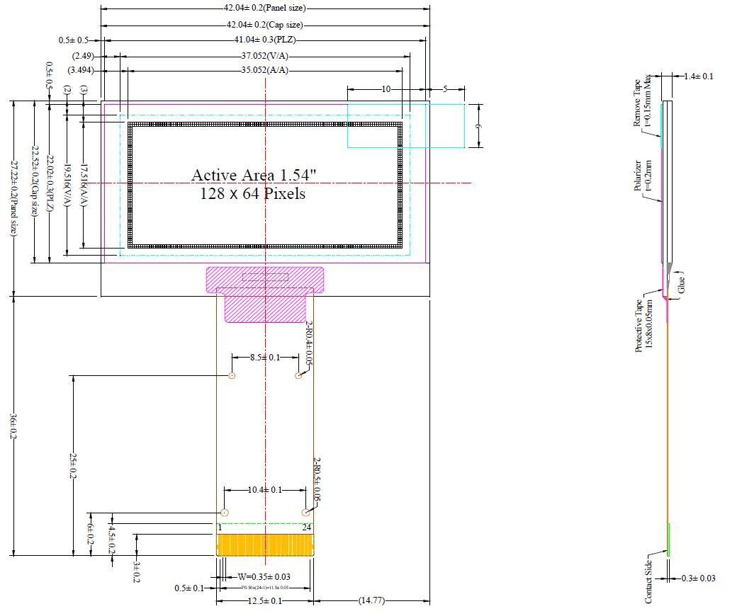 OLED дисплей 1.54 дюйма, монохромный белый, 126x64