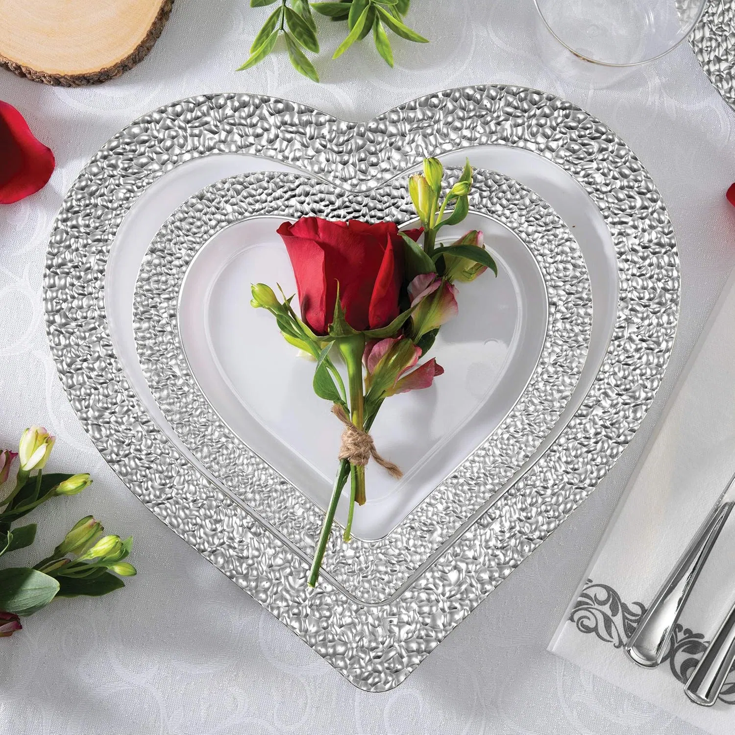 Elegant Heart Shaped White Plastic Dinner Plates with Silver Trim