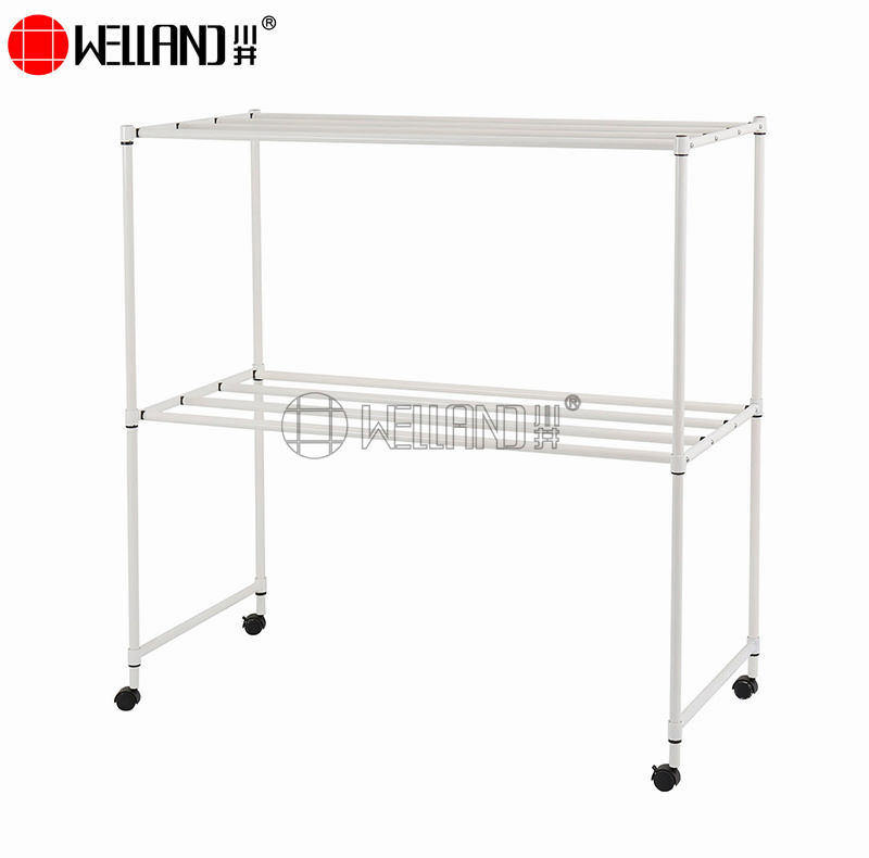 2025 New Design Adjsutable 2 Tier 8 Steel Clothing Hanger Dying Rack with Wheels for Hanging Clothes, Towel, Coats, Skirts, White