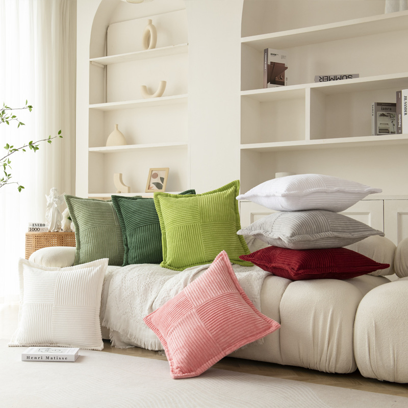 Nordic Simplicity Decorative Solid Color Pillow Case Decorative High Quality Corduroy Cushion Covers with Splicing Design