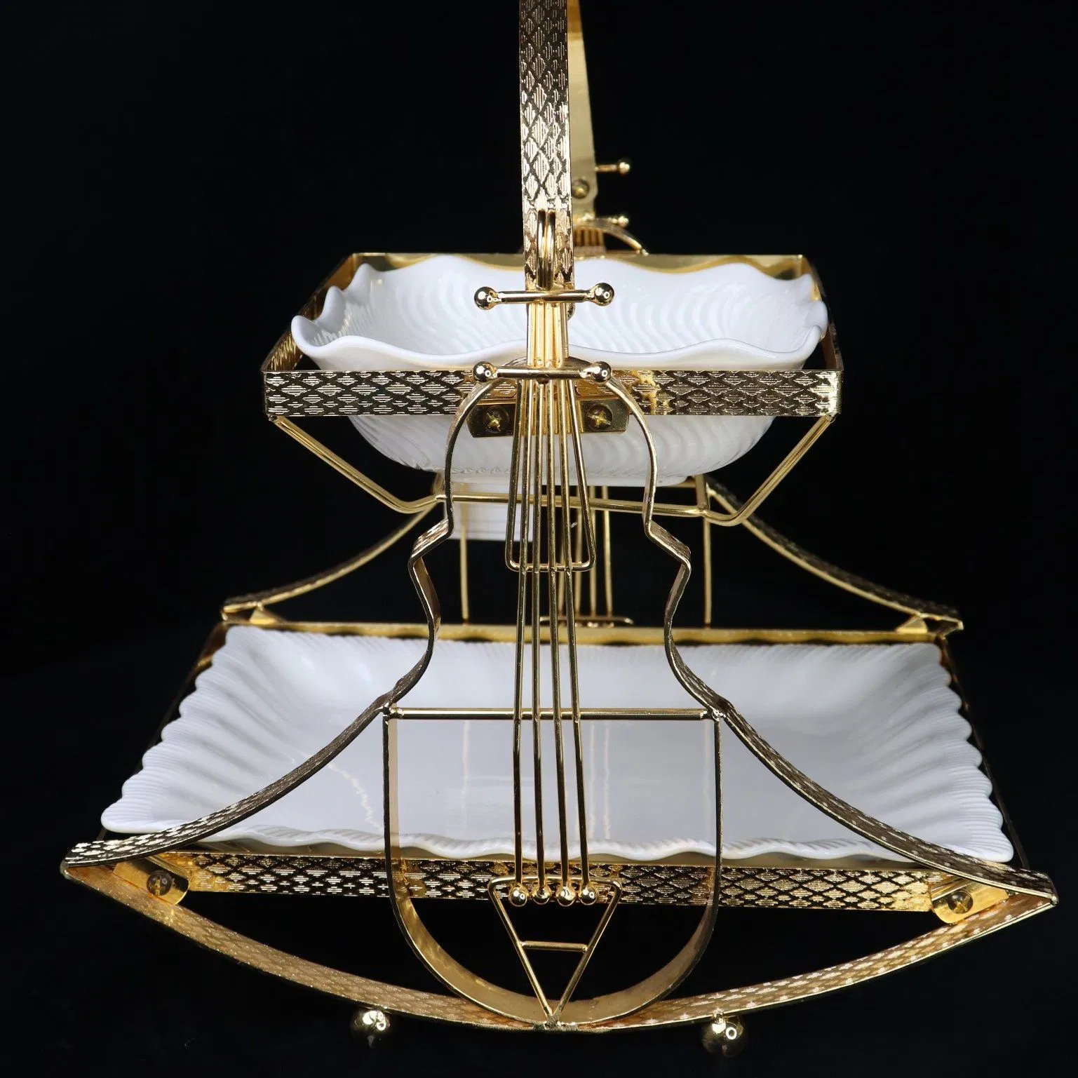 Home Ornament Gold-Plated Iron Frame with Large Size Double-Layer Ceramic Bowl