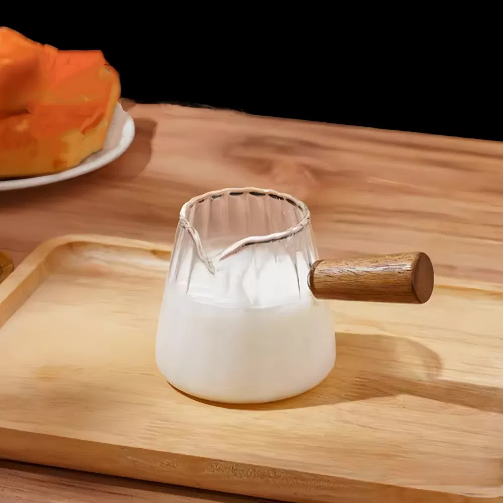 Mini Glass Creamer Coffee Milk Sauce Serving Pitcher Cup Creamer Jug Dipping Bowls with Wood Handle