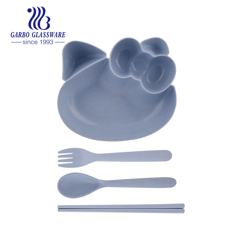 Cat Animal Shape Healthy Wheat Straw Colored Food Use Plastic Eating Plate Dish for Canteen Children Use