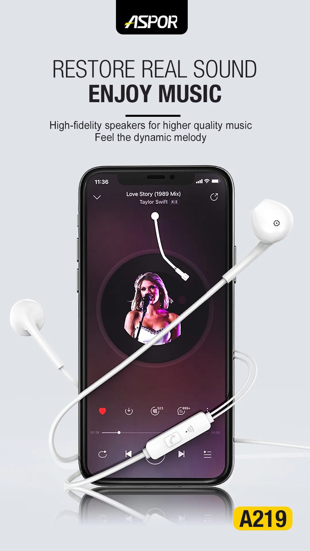 Наушники проводные с микрофоном ASPOR A219, белые