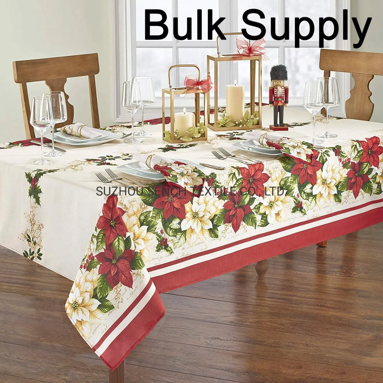 White Poinsettia Christmas Holiday Fabric Tablecloth, Printed Tablecloth, Wipeable Multifunctional Tablecloth, Reusable Tablecloth, Long Term Steady Supply