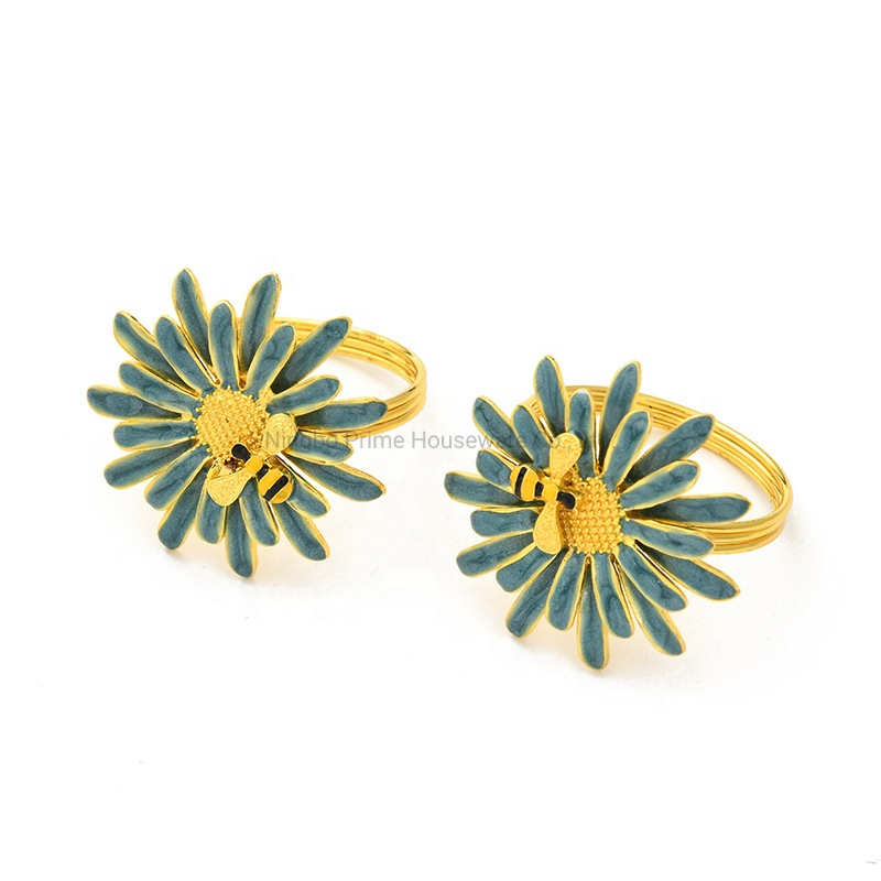 Metal Blue Flower with Bee Napkin Rings for Spring Summer Season
