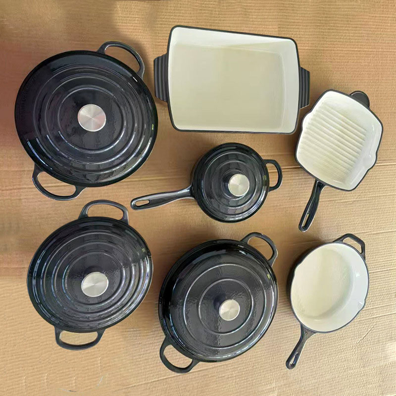 7PCS Cast Iron Enamel Cooking Pot Griddle Mexico Chile Market Non-Stick Cookware Set