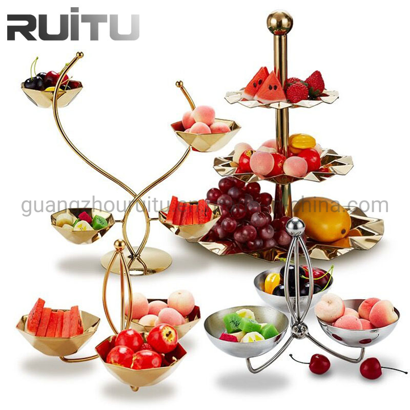 Food Serving Kiosk KTV Bar Buffet Catering Banquet Stainless Steel Gold Mini Plates Bowls Stand Portable 3 Tier Dry Fruit French Fries Snack Food Holder