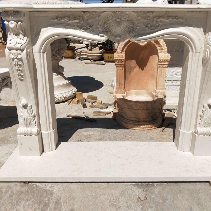Modern Home Freestanding Hand Carving White Marble Fireplace Surround Metal