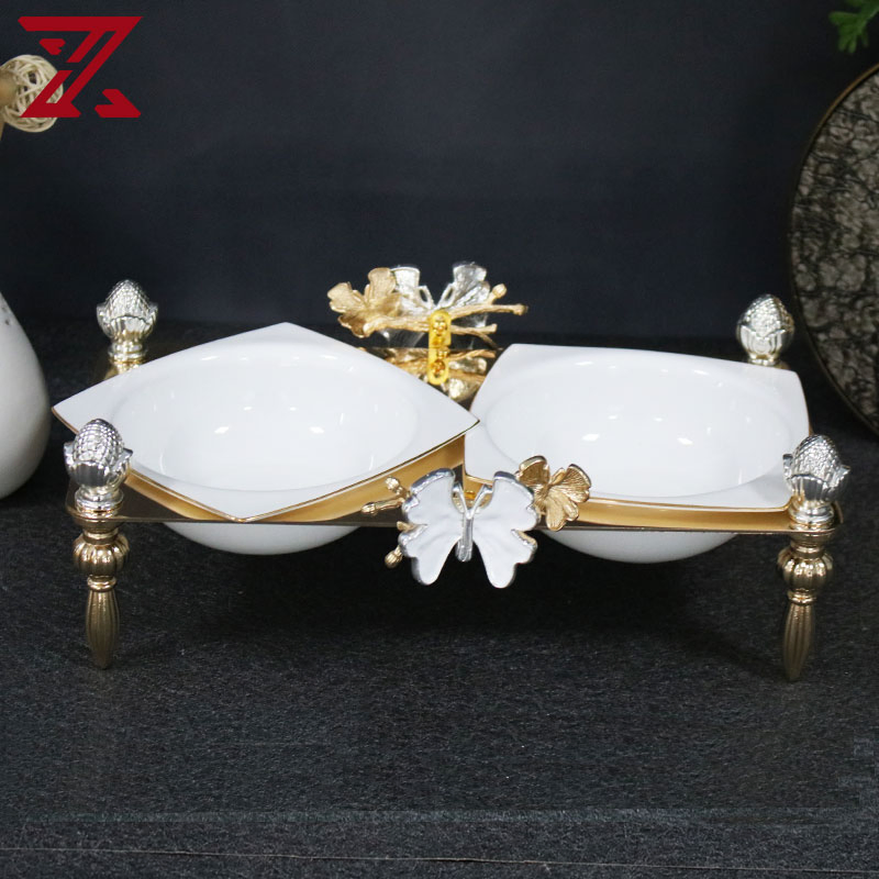 Wholesale White Snack Fruit Divided Platter with Golden Stand 2 Compartment Ceramic Serving Plate