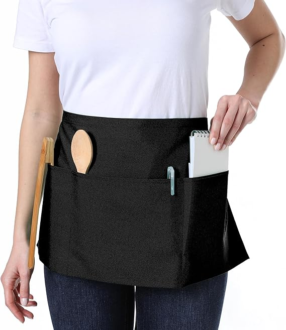 Waist Apron with 3 Pockets Black Waitress Waiter Server Short Aprons