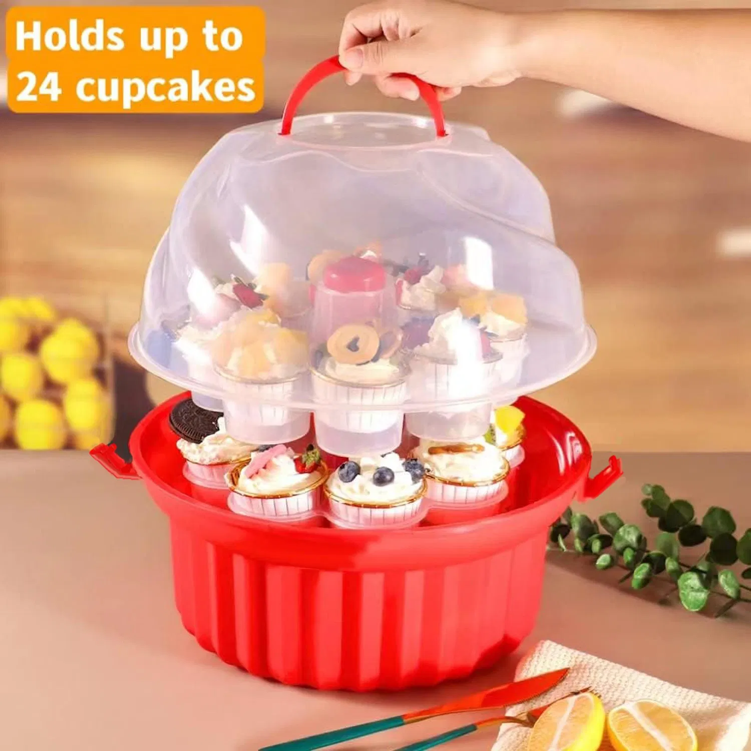 Red PP Cupcake Carrier Stand Cupcake Carousel with Foldable Handle 24 Cupcakes for Muffins Cookies for Dessert Muffin Carrier Holder Container