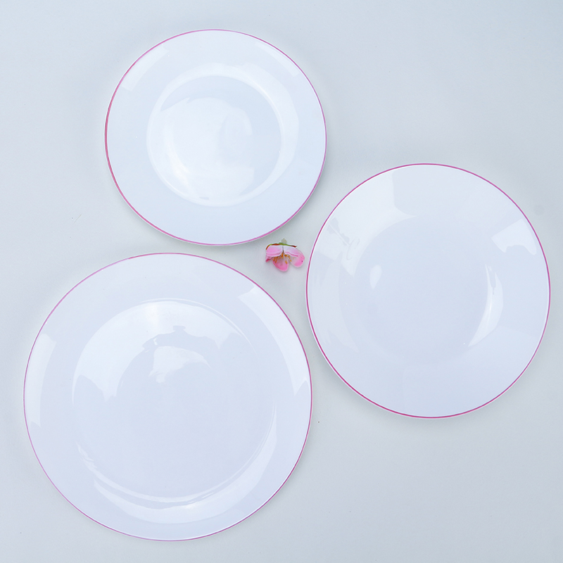 Modern Round Opal Glassware Plate with Vibrant Red Trim Design