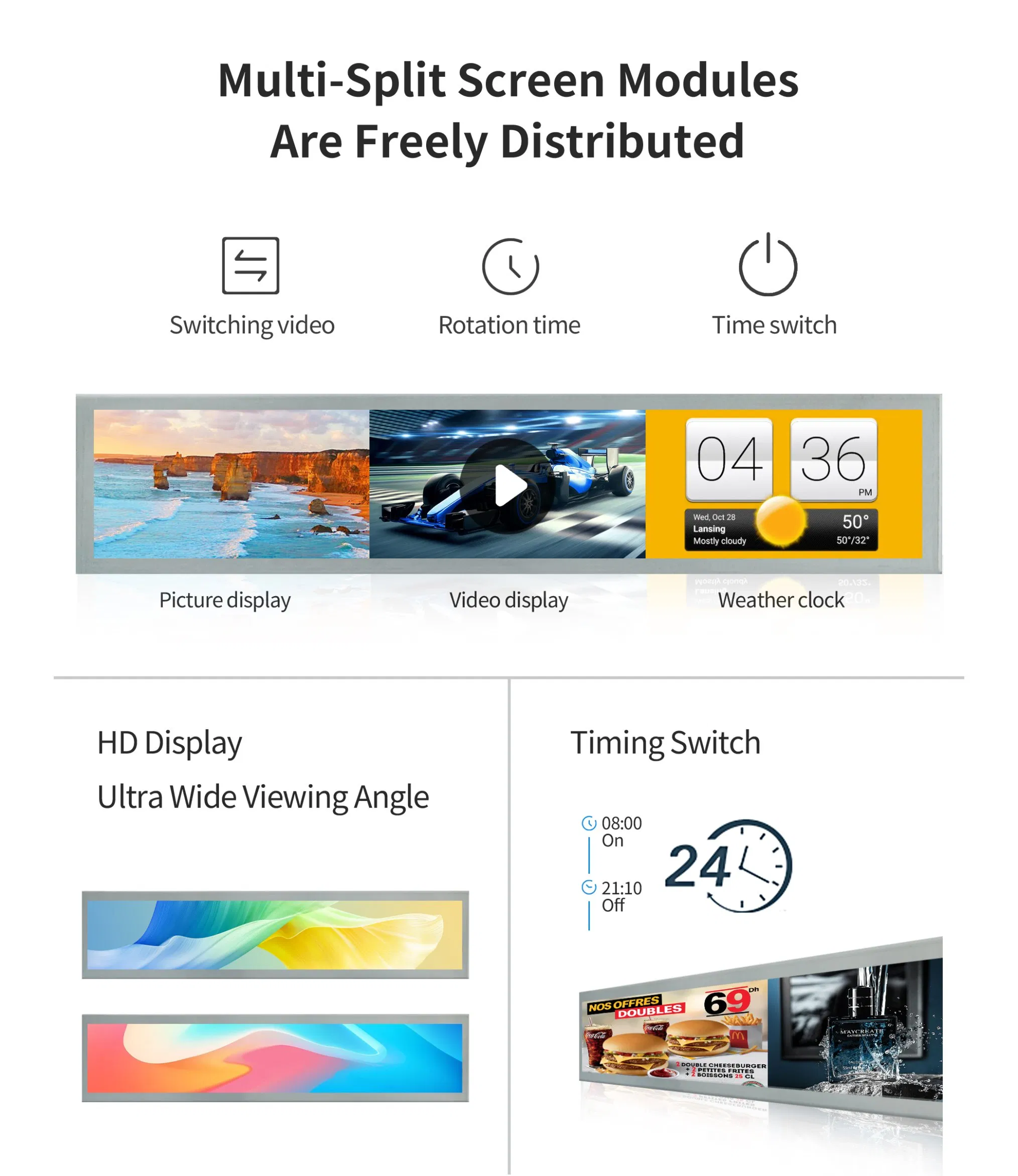 19.1 Inch Ultra Wide Stretched Monitor Long Strip LCD Display Screen 1920X340 Resolution Indoor Outdoor Advertising Displays